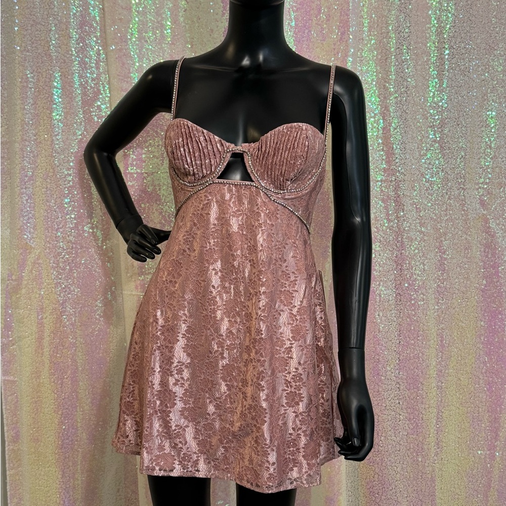 For Love And Lemons Rose Pink Velvet Lace Trim Mini Dress - Picture 2 of 9
